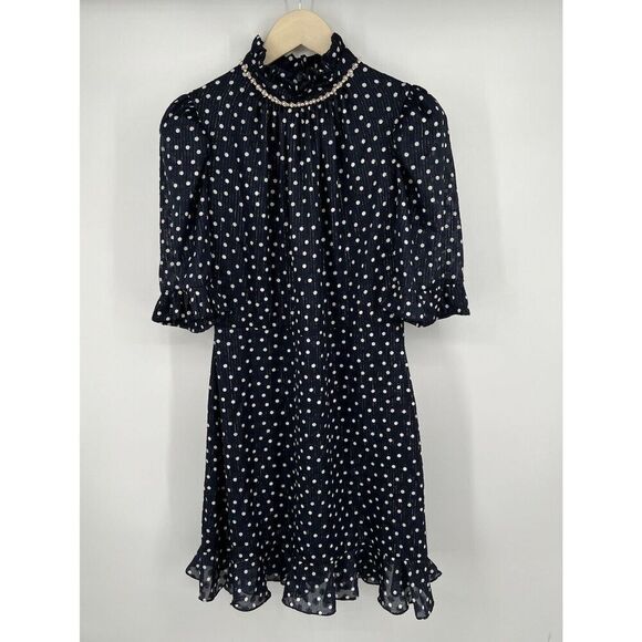 SANDRO Paris Blue Polka Dot Dress SIze 10 FR 42 Short Sleeve Sheer Lined Elegant - Picture 1 of 6